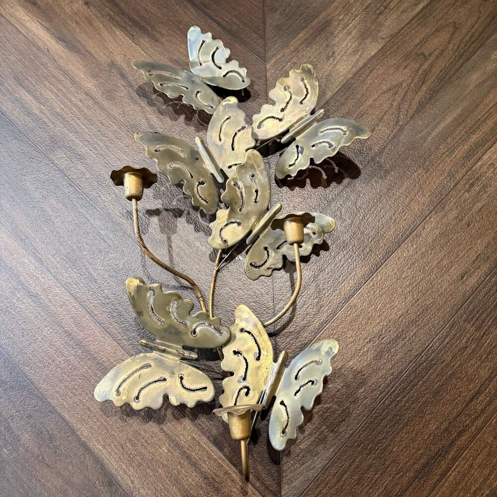 Vintage MCM Brass Butterfly Candle Holder Scone Wall Hanging Decor